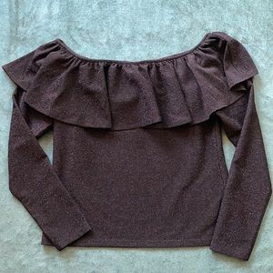 Sparkly Black Off-the-Shoulder Ruffle Sweater